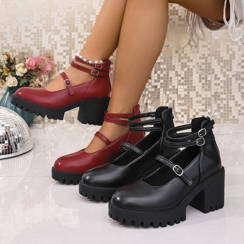 Damen Blockabsatz-Schnürschuhe mit modischem Riemendesign und rutschfester Sohle