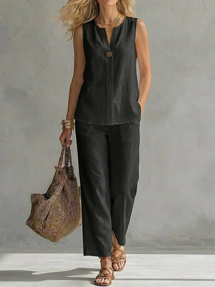 Damen Lässiges zweiteiliges Set mit ärmelloser Bluse und modischen Hosen Nord Taschen