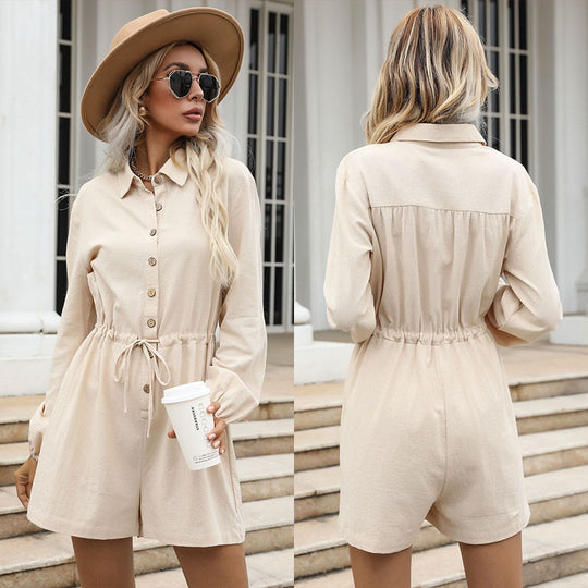 Damen Eleganter Jumpsuit mit Bindegürtel und Knopfleiste Nord Taschen
