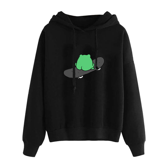 Damen nan kurz geschnittener Cropped-Kapuzenpullover mit niedlicher Frosch-Illustration und verstellbarer Kapuze Nord Taschen