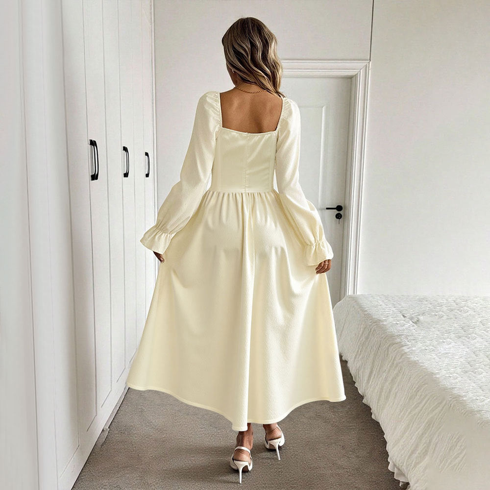 Damen romantisches Midikleid mit Korsagen-Taille, Quadratausschnitt und voluminösen Ärmeln Nord Taschen