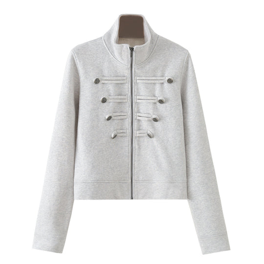 Damen Kurz geschnittene Sweatjacke mit Stehkragen und dekorativen Zierpaspeln Nord Taschen