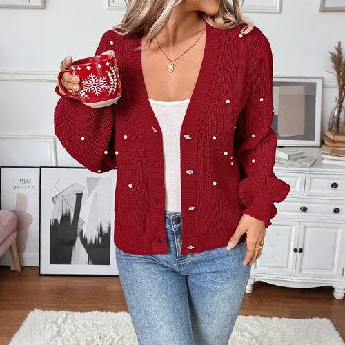 Damen Perlenbesetzter Grobstrick-Cardigan mit V‑Ausschnitt Nord Taschen