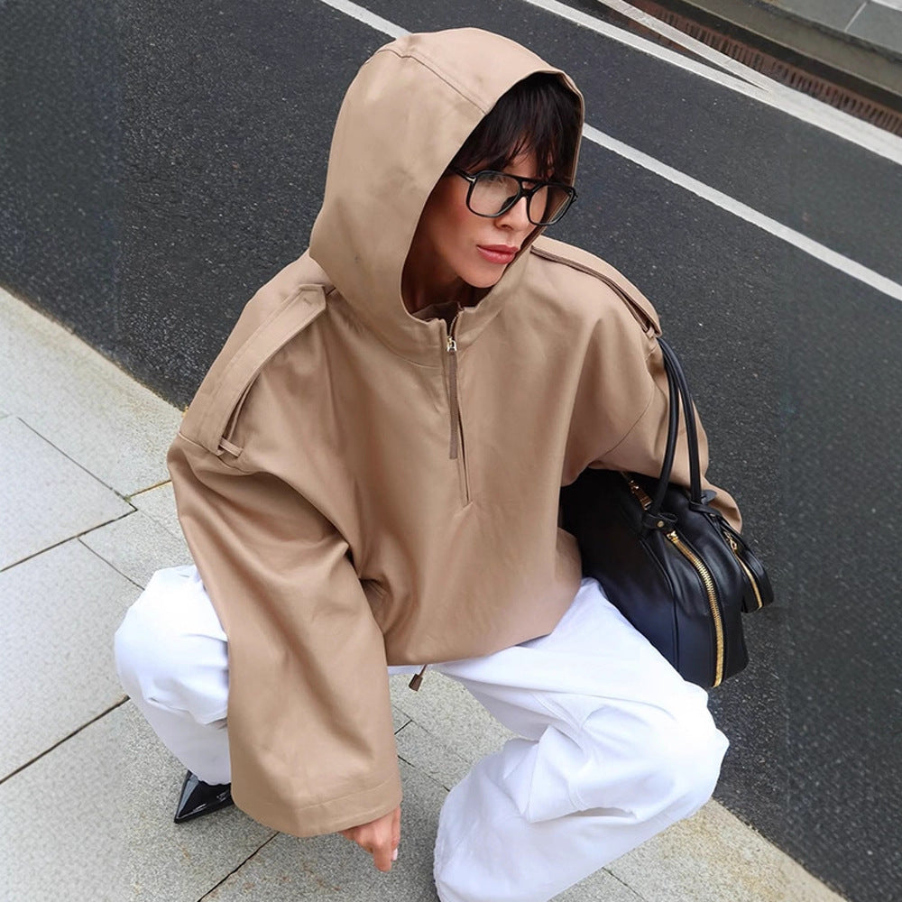 Damen Oversize Kapuzen-Pulloverjacke mit halbem Reißverschluss und Schulterpasse Nord Taschen