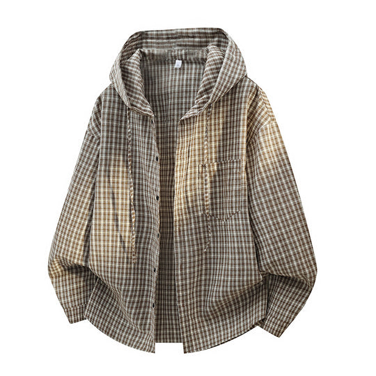 Herren Oversized Karo‑Überhemd mit Kapuze, Tunnelzug & verdeckter Knopfleiste Nord Taschen