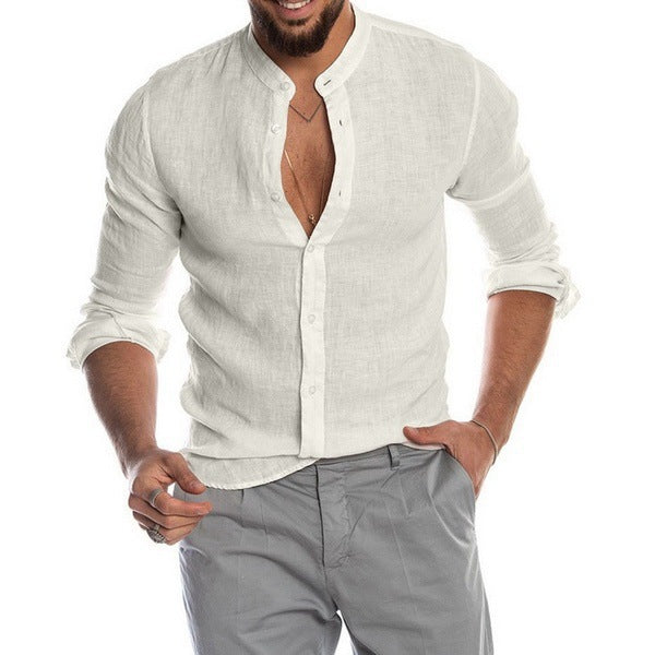Herren nan Leinenhemd mit Stehkragen, durchgehender Knopfleiste und legerer Slim-Fit-Passform