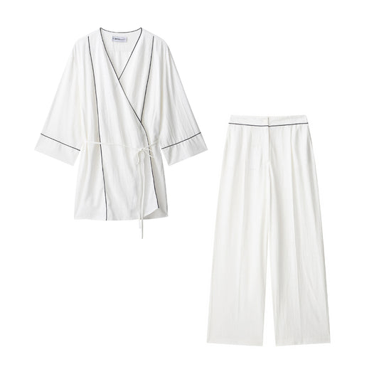 Damen Weite hochtaillierte Leinenmix‑Hose mit Cropped‑Bein und kontrastierender Bundpaspel Nord Taschen