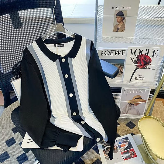 Damen Feinstrick-Cardigan mit Polokragen, kontrastierenden Rippeinsätzen und durchgehender Knopfleiste Nord Taschen