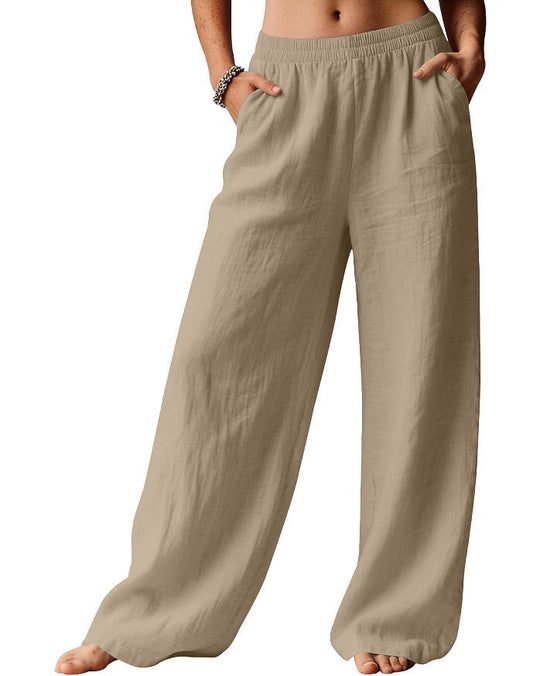 Damen Weite Leinenhose mit elastischem Bund und seitlichen Eingrifftaschen Nord Taschen