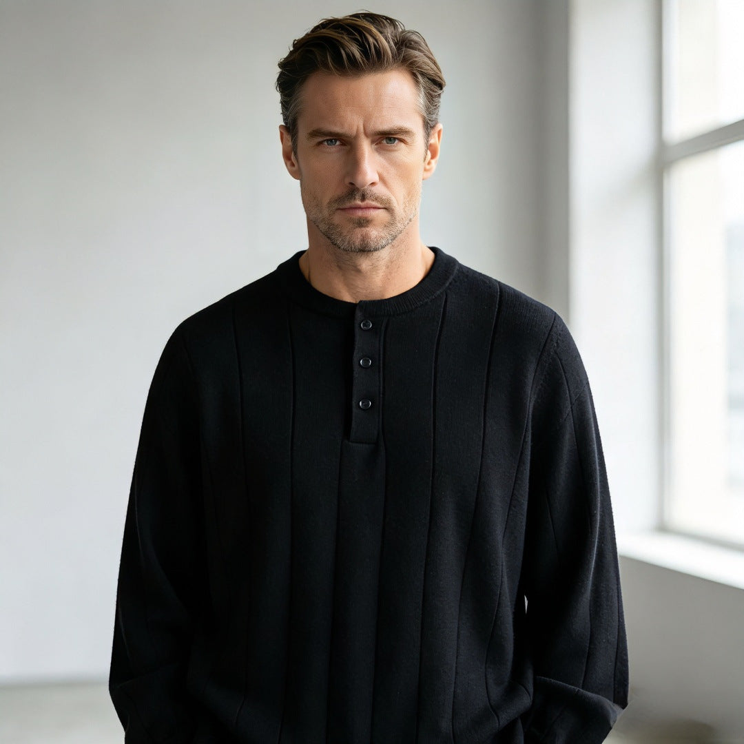 Unisex Oversized Strukturierter Henley-Strickpullover mit vertikaler Rippenstruktur und halber Knopfleiste Nord Taschen
