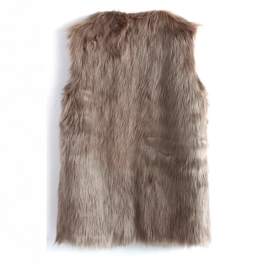 Damen Ärmellose Shaggy Kunstpelz‑Weste mit langem Flor und offener Front Nord Taschen