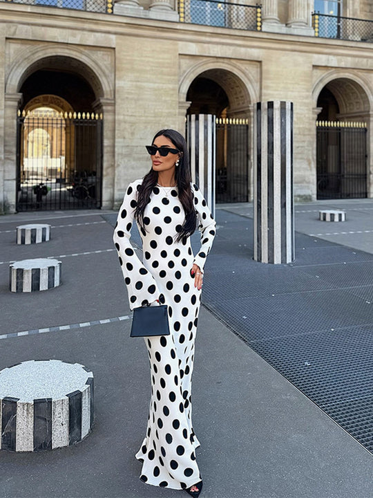 Damen Figurbetontes Polka-Dot Maxikleid mit Trompetenärmeln & Rundhalsausschnitt Nord Taschen