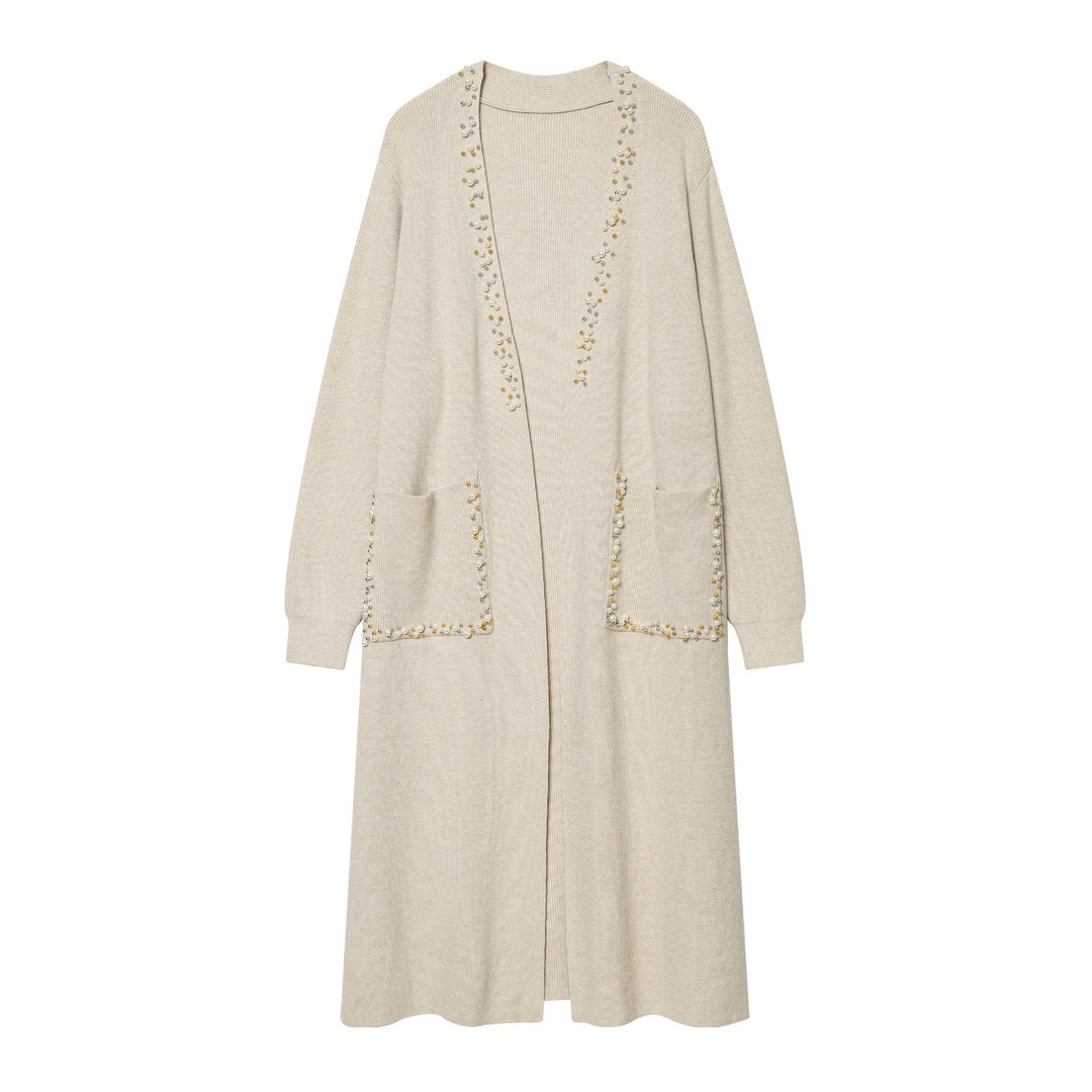 Damen langer Strickcardigan mit Perlenverzierung und aufgesetzten Taschen Nord Taschen