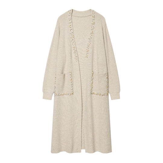 Damen langer Strickcardigan mit Perlenverzierung und aufgesetzten Taschen Nord Taschen