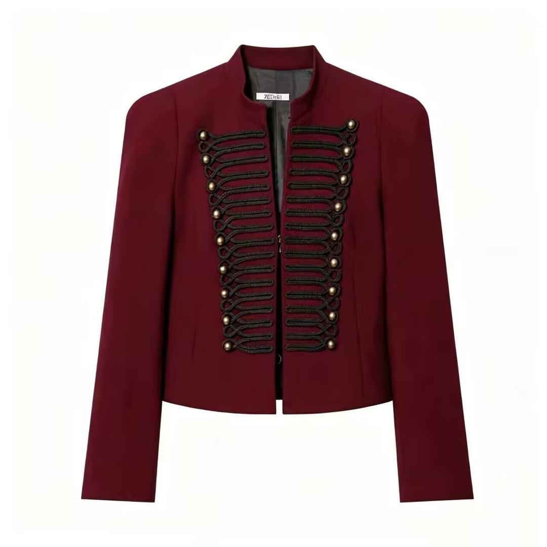 Damen Cropped Military-Blazer mit ornamentaler Kordelverzierung und Stehkragen Nord Taschen