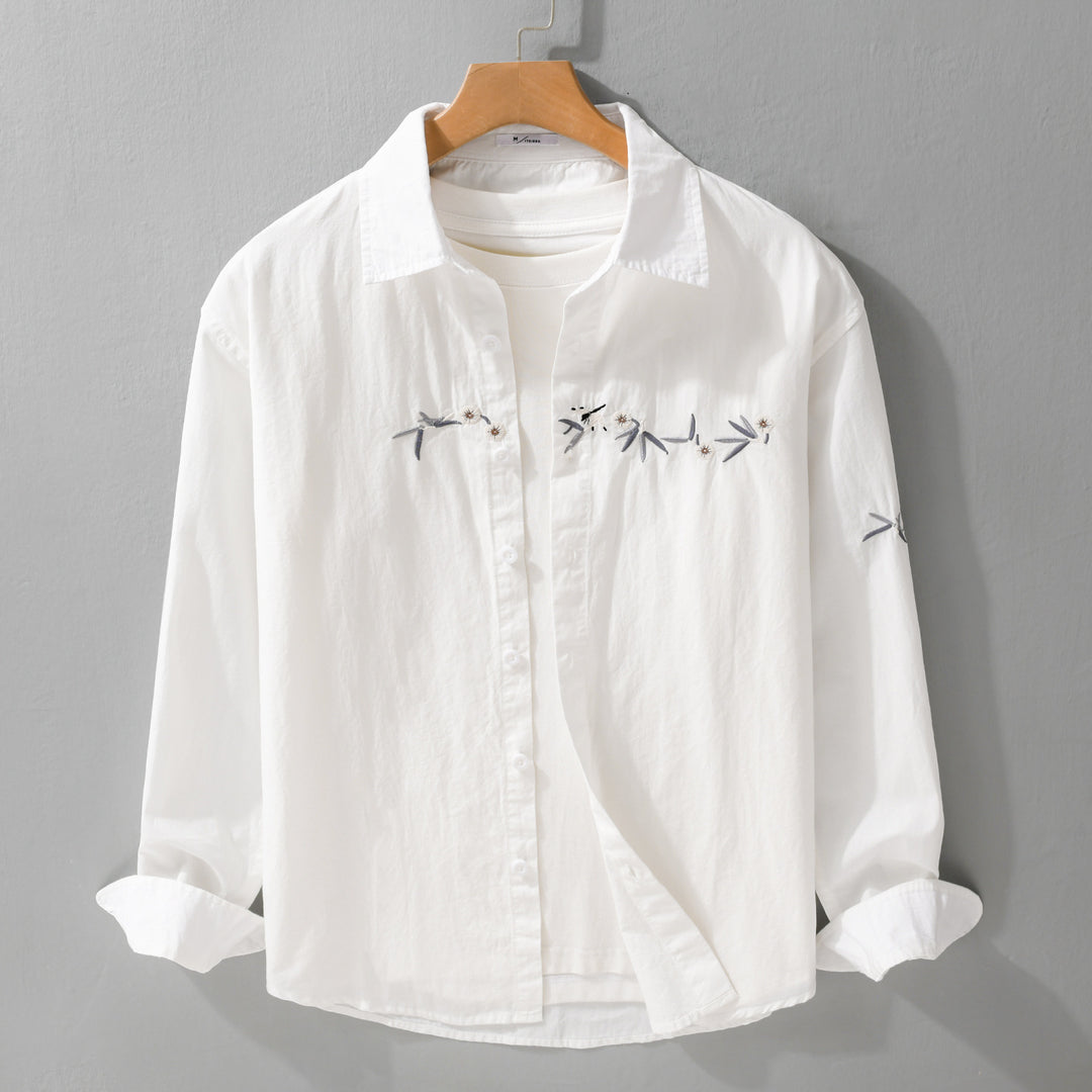 Damen Lockeres besticktes Baumwoll-Overshirt mit Kentkragen und Layering‑Detail Nord Taschen