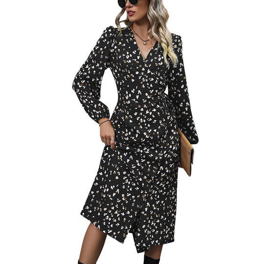 Damen Elegantes Blumenkleid mit V-Ausschnitt und langen Ärmeln Nord Taschen