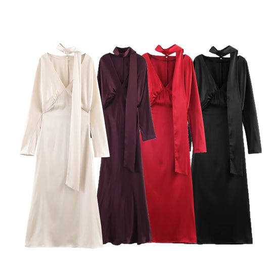 Damen Midikleid aus Satin mit tiefem V-Ausschnitt, langen Ärmeln und Schalkragen Nord Taschen