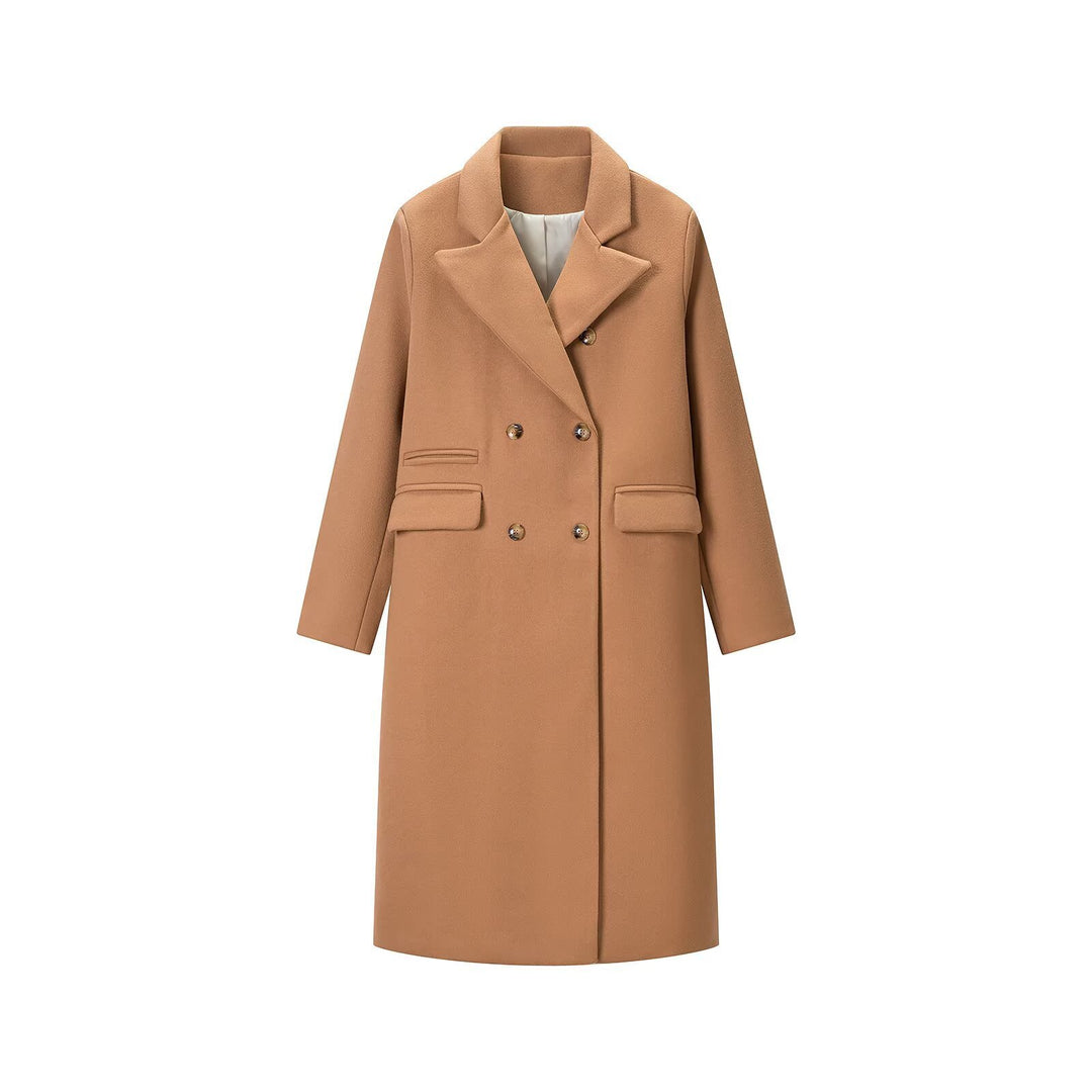 Damen Doppelreihiger Longcoat mit breitem Reverskragen und Pattentaschen Nord Taschen