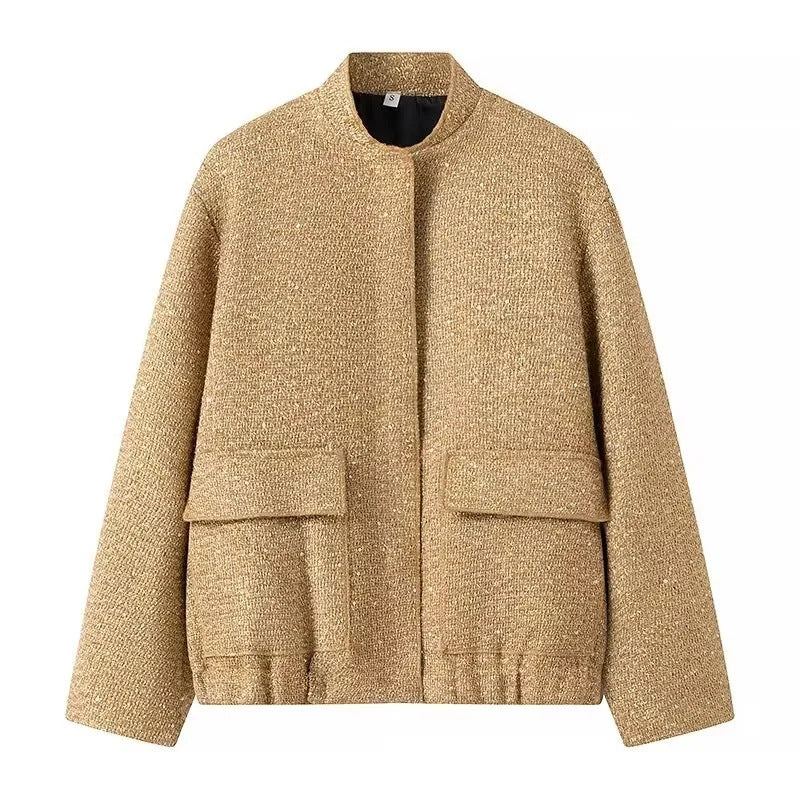 Damen 400+ Bouclé Kurzjacke mit Stehkragen, Pattentaschen und taillierendem Saum Nord Taschen