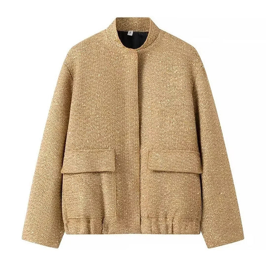 Damen 400+ Bouclé Kurzjacke mit Stehkragen, Pattentaschen und taillierendem Saum Nord Taschen