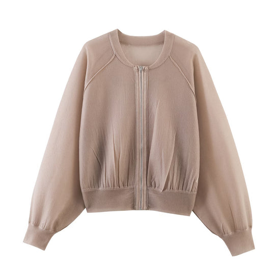 Damen Leichter Strick‑Bomber mit Reißverschluss, Ballonärmeln und gerafftem Saum Nord Taschen