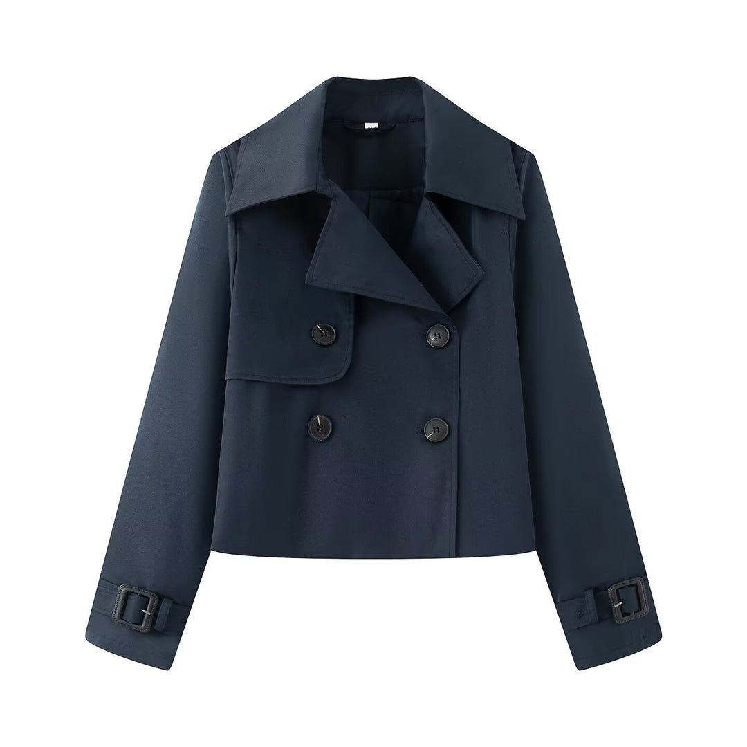 Damen Cropped-Doppeltreiher Trenchcoat mit breitem Revers und verstellbaren Manschetten Nord Taschen