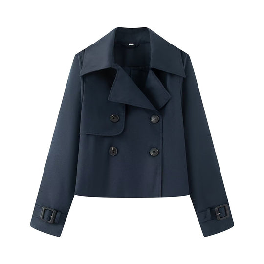 Damen Cropped-Doppeltreiher Trenchcoat mit breitem Revers und verstellbaren Manschetten Nord Taschen