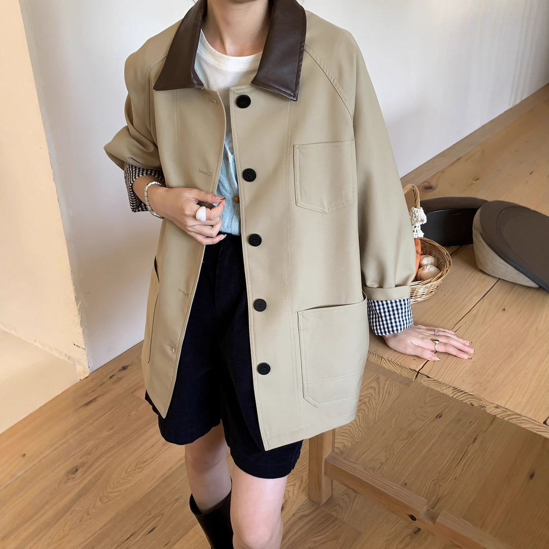 Damen Leichte Oversize-Übergangsjacke mit Kontrastkragen und kariertem Ärmelsaum Nord Taschen