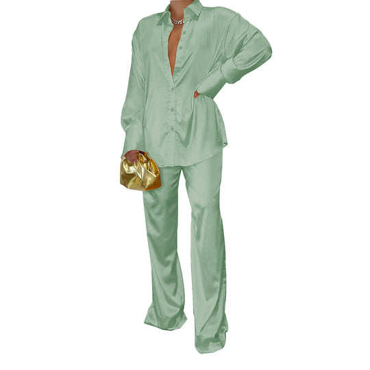 Damen Satin-Hemd und Palazzo-Hose Lounge-Set Nord Taschen