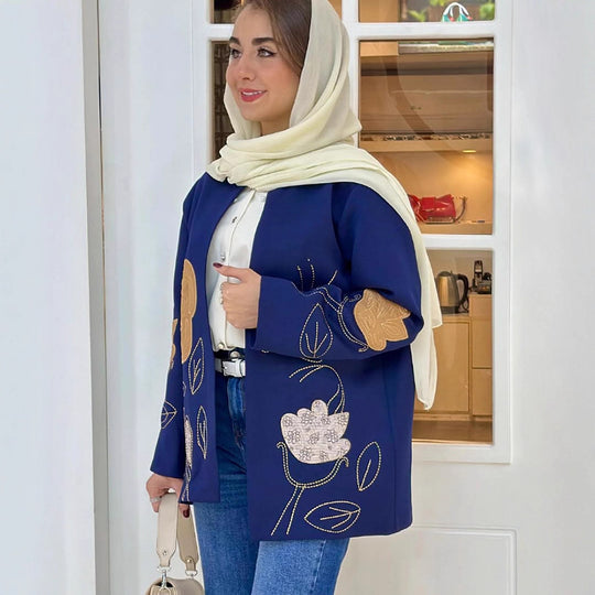 Damen offener Strickblazer mit floraler Stickerei & Applikationen Nord Taschen