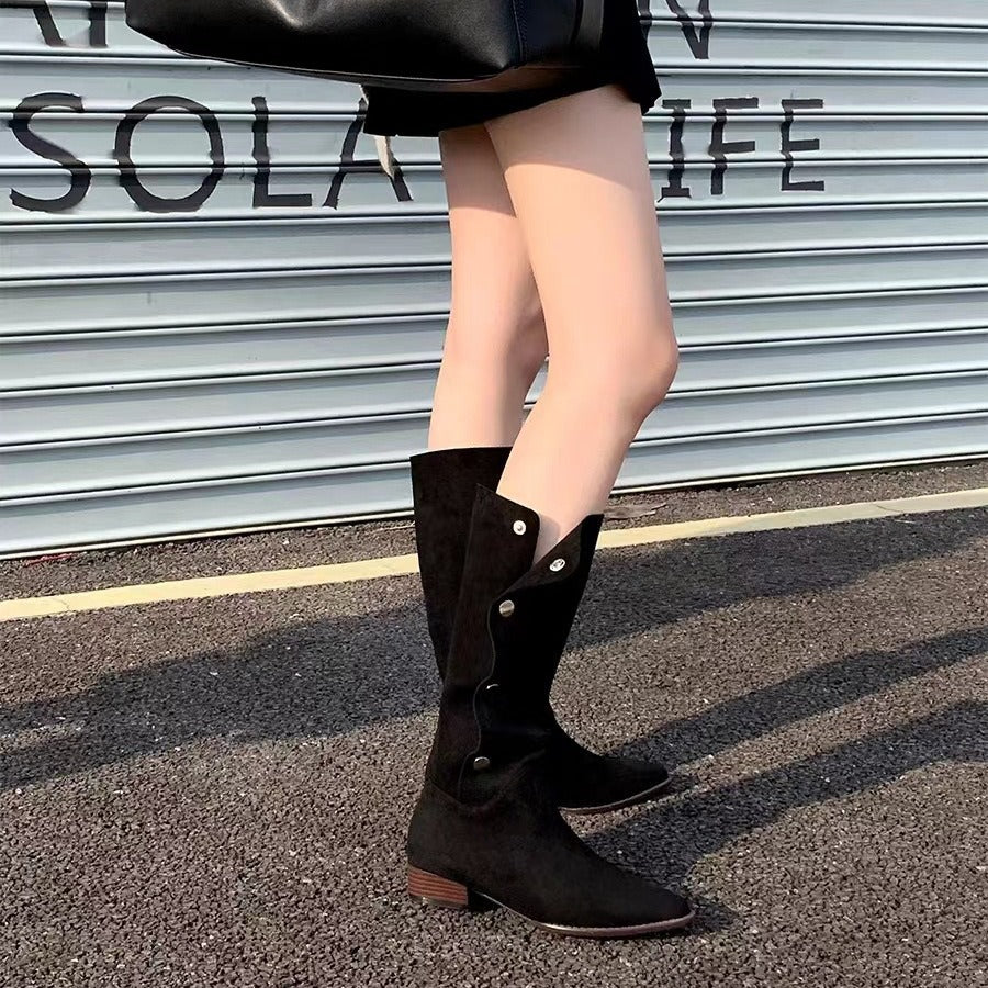 Damen Wadenhohe Velourslederstiefel mit umklappbarer Manschette und spitzer Kappe Nord Taschen
