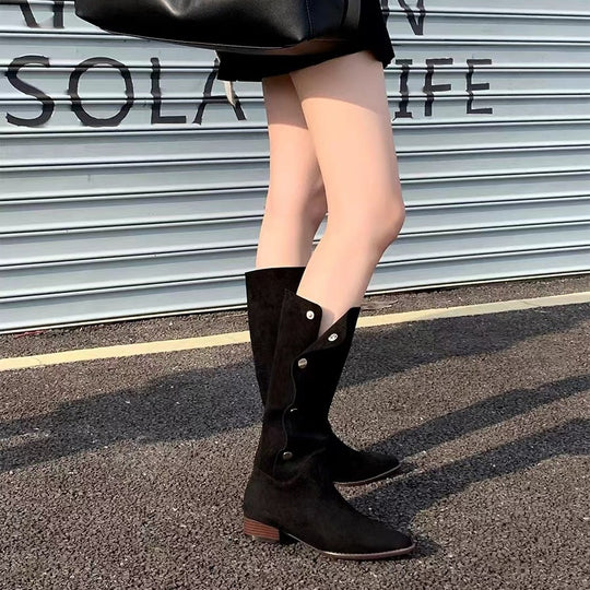 Damen Wadenhohe Velourslederstiefel mit umklappbarer Manschette und spitzer Kappe Nord Taschen