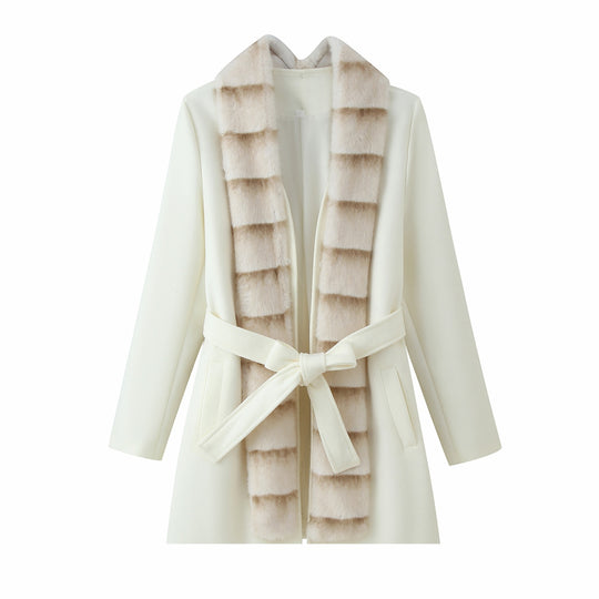 Damen Taillierter Wollmix-Mantel mit Bindegürtel und abnehmbarem Faux-Fur-Schalkragen Nord Taschen