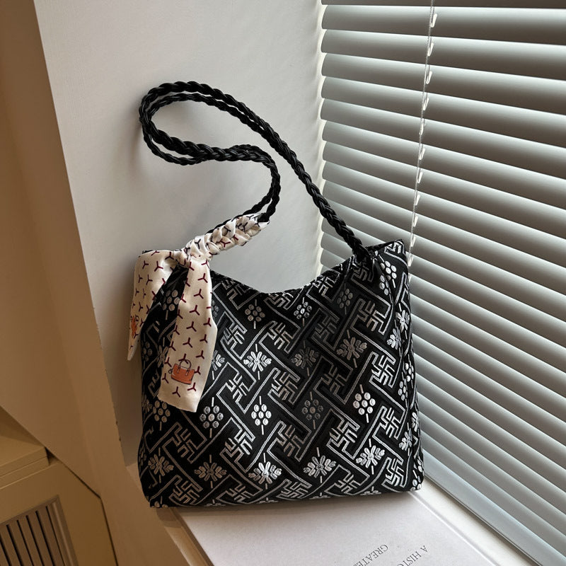 Damen Hobo-Tasche mit geflochtenem Design und floralem Halstuch Nord Taschen