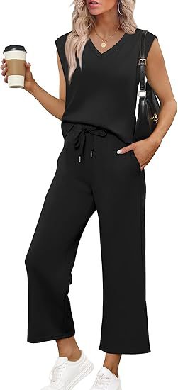 Damen Lässiges Zweiteiliges Lounge-Set mit Ärmellosem V-Neck-Top und Weiten Kordelbund-Hosen Nord Taschen
