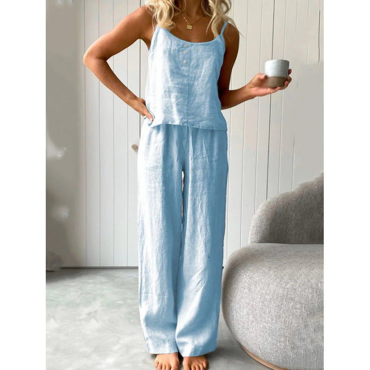Damen lässiges Leinen-Set mit trägerloser Bluse und weiten Hosen
