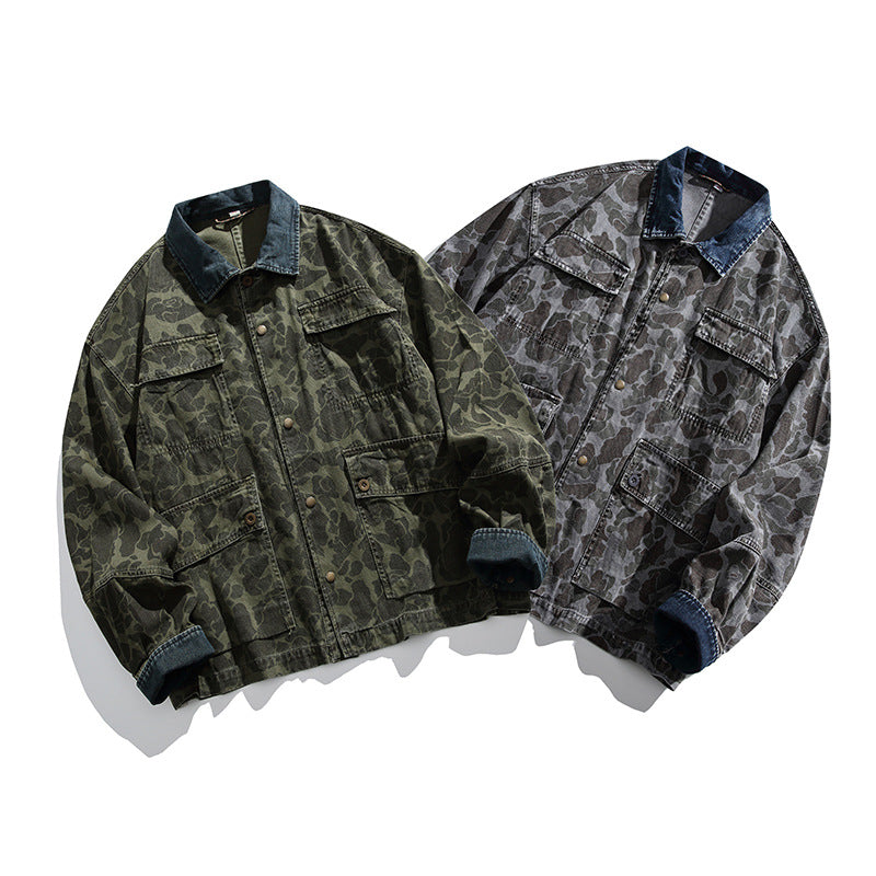 Herren Boxy-Jeansjacke im Camouflage-Muster mit Kontrastkragen und Mehrfachtaschen Nord Taschen