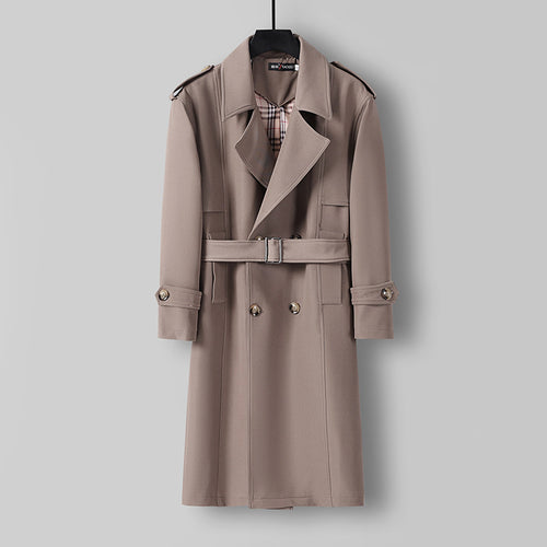 Herren Midilanger Doppelreihiger Trenchcoat mit Taillengürtel, abgefalcetem Revers und kariertem Innenfutter Nord Taschen