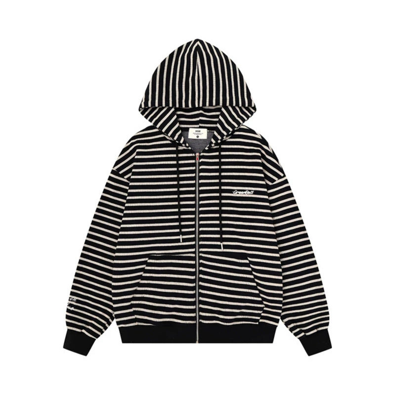 Unisex Leichter gestreifter Kapuzen‑Zipcardigan im Oversize‑Fit aus geripptem Baumwollmix Nord Taschen