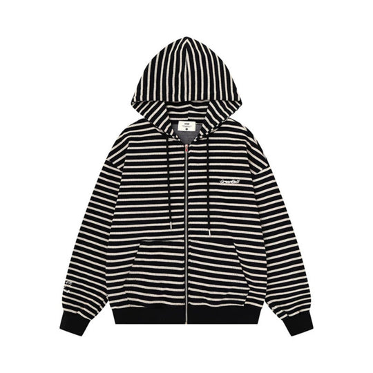 Unisex Leichter gestreifter Kapuzen‑Zipcardigan im Oversize‑Fit aus geripptem Baumwollmix Nord Taschen