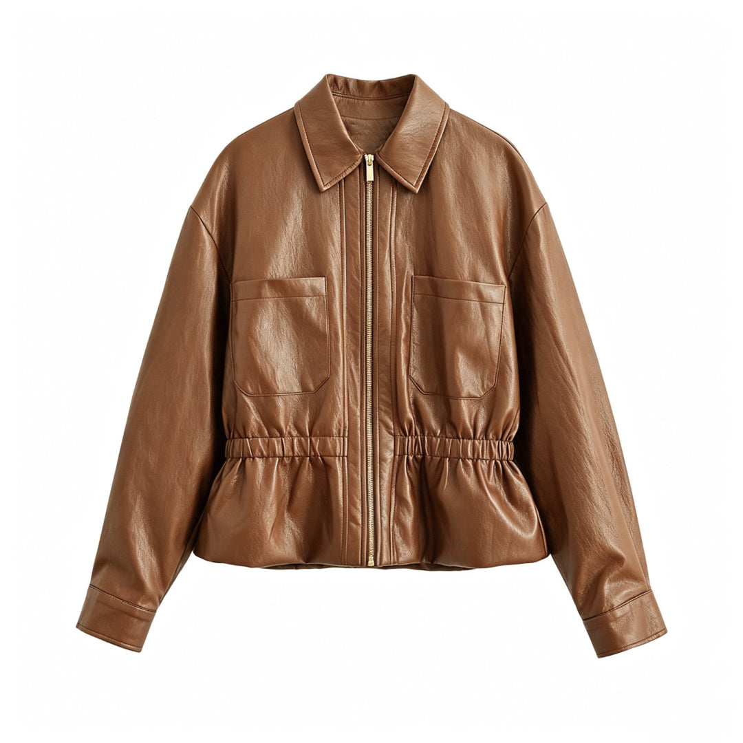 Damen Boxy-Kunstleder-Blouson mit elastischer Taillenpartie, aufgesetzten Brusttaschen und sichtbarem Reißverschluss Nord Taschen