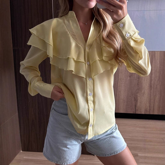 Damen Chiffon-Bluse mit mehrlagiger Volant-Rüsche und Perlmuttknöpfen Nord Taschen