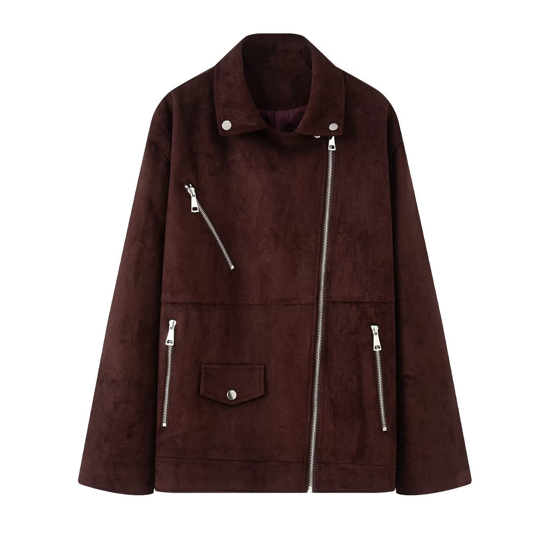 Damen Asymmetrische Veloursleder‑Optik Bikerjacke mit Stehkragen und Zippern Nord Taschen