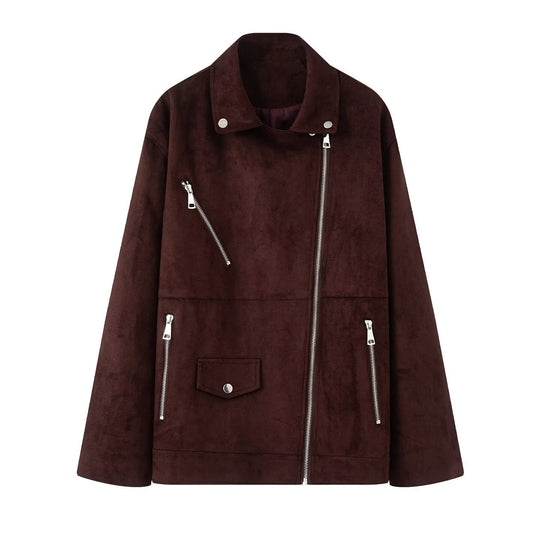 Damen Asymmetrische Veloursleder‑Optik Bikerjacke mit Stehkragen und Zippern Nord Taschen
