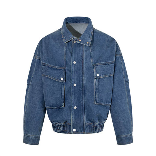 Damen Oversize-Jeansjacke mit Stehkragen, Druckknopfleiste und aufgesetzten Cargo-Taschen Nord Taschen