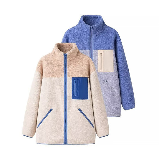 Damen Oversize Teddy‑Fleecejacke mit Farbblock, Stehkragen und Reißverschlusstaschen Nord Taschen