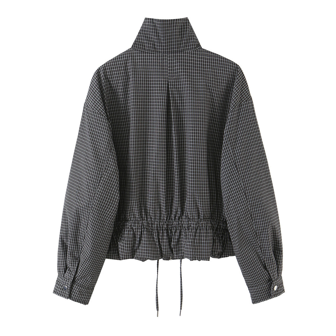 Damen karierte, funktionale Übergangsjacke mit Stehkragen und Tunnelzug Nord Taschen