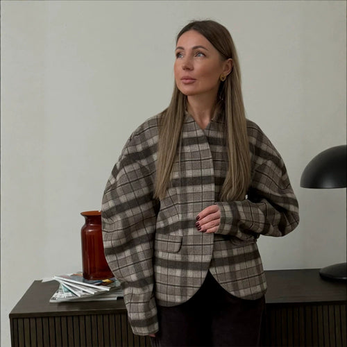 Damen Karierter Boxy‑Blazer mit voluminösen Ballonärmeln Nord Taschen