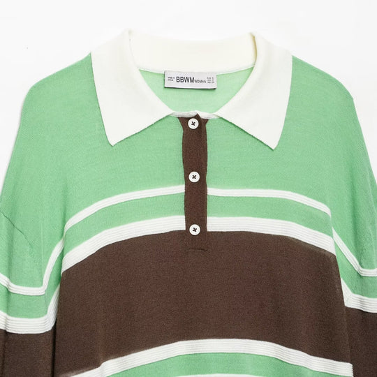 Damen Cropped Poloshirt-Strickpullover mit Rugby‑Streifen, Hemdkragen und geripptem Saum Nord Taschen